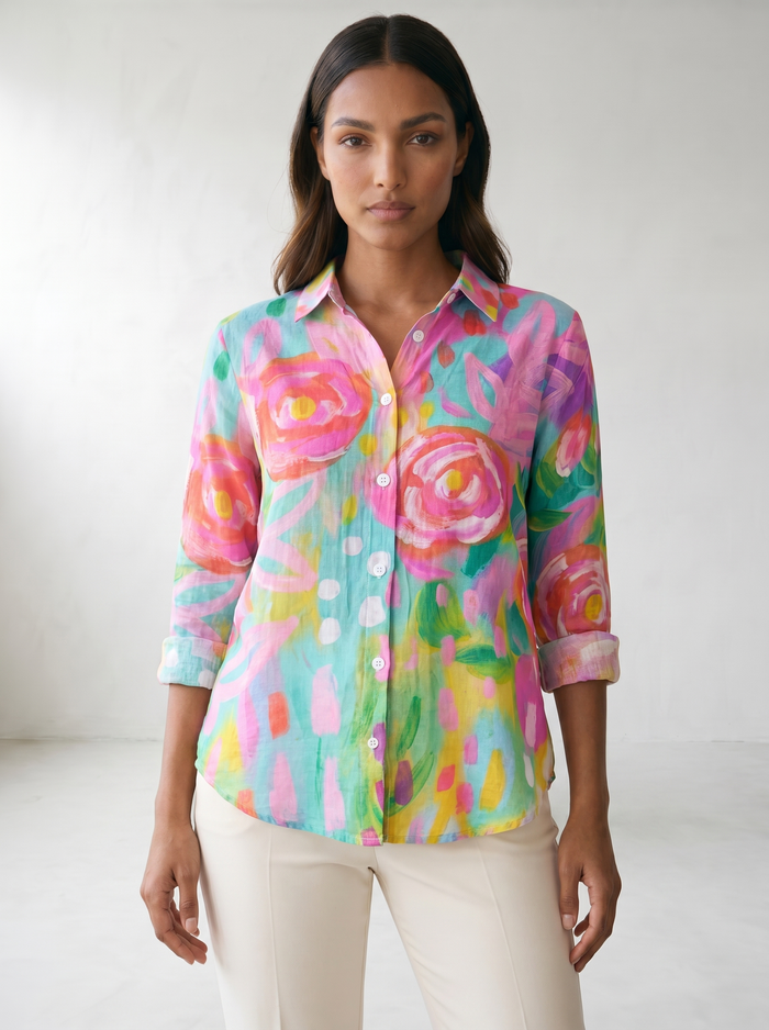 Terri Printed Button-Up Blouse - model 01_model_front_master_pink