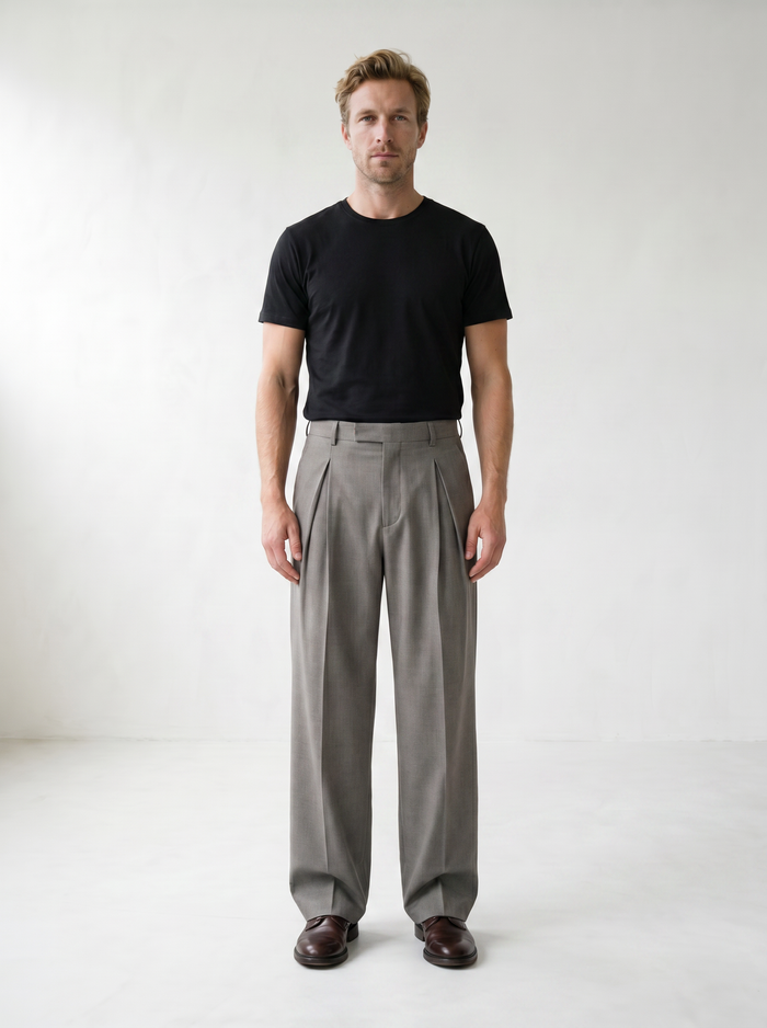 Sundrel master workflow Pleated Wide-Leg Tailored Trousers - 01_trousers_gray_model_front_master