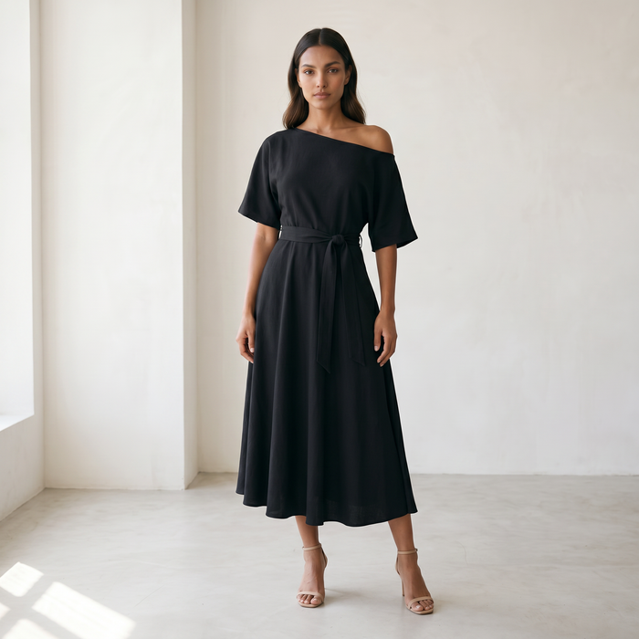 Women’s Midi Dress Off-Shoulder A-line - Black