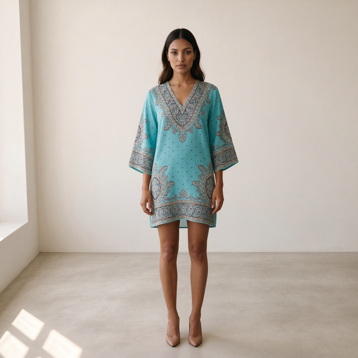 Women’s Summer Dress V-Neck Three-Quarter Sleeves - Blue