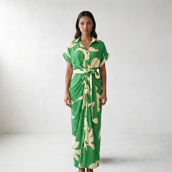 Addison Belted Abstract Maxi Shirt Dress - Green (Almost Sold Out)