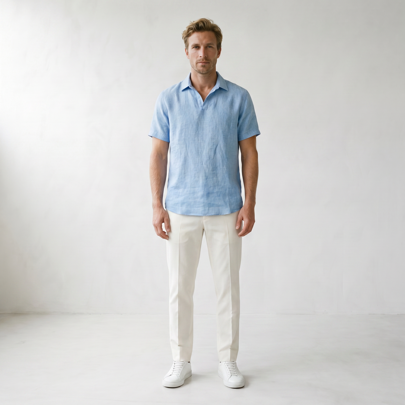 Sundrel Cedric Breathable Linen Polo Shirt - 01 model front light-blue
