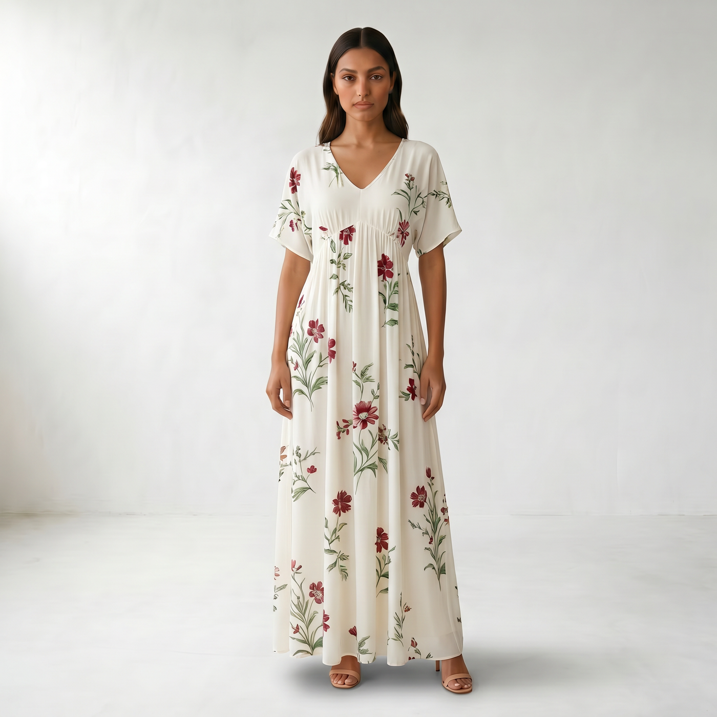 Floral V-Neck Maxi Summer Dress - Main front model view - White