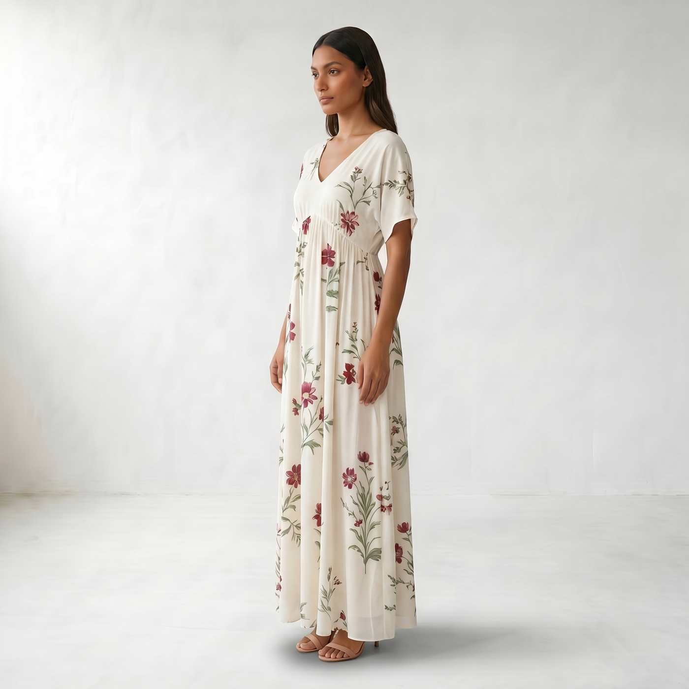 Floral V-Neck Maxi Summer Dress - Side model view - White