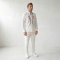Sundrel Robert Embroidered Grandad Collar Linen Shirt - 02 model three quarter white