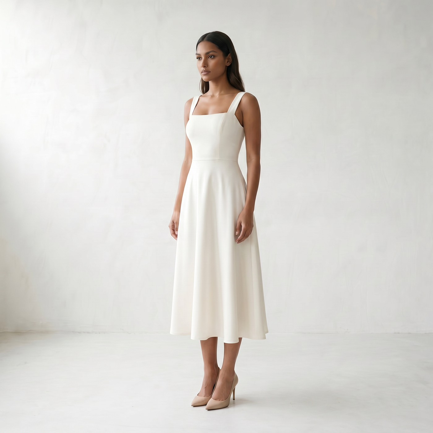 Women’s Dress Midi A-line Square Neck - 02 model threequarter white no studio tag