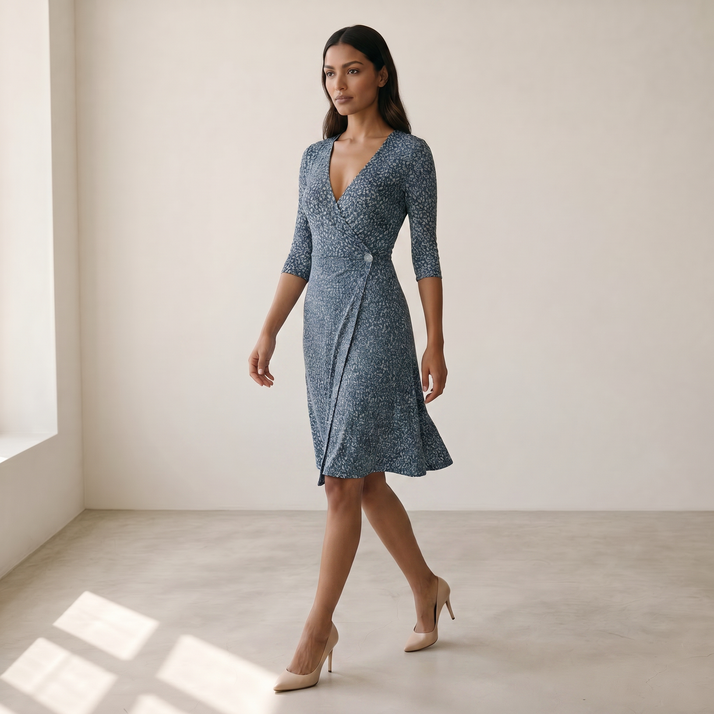Women’s Dress Wrap V-Neck Floral - 03 blue model walking