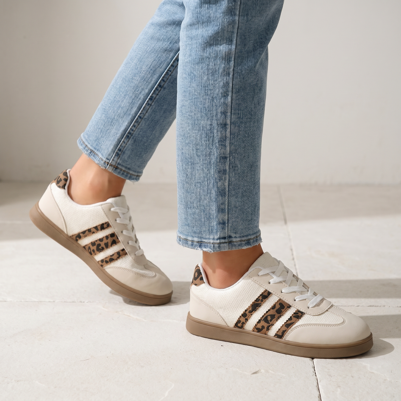 Women's Low Sneakers with Animal Print Details - On-foot lifestyle view