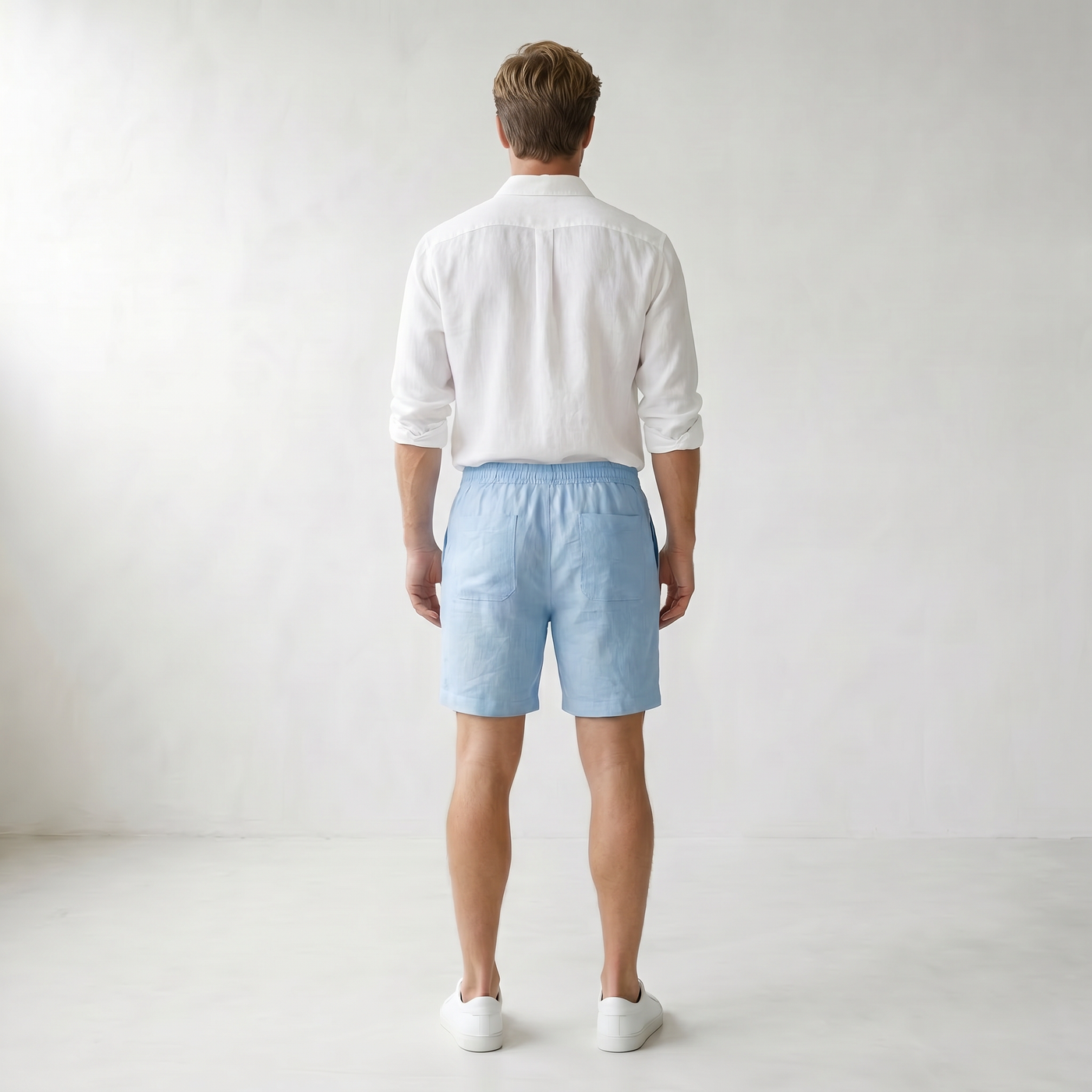 Sundrel Embry Linen Drawstring Shorts - 04 model back light-blue