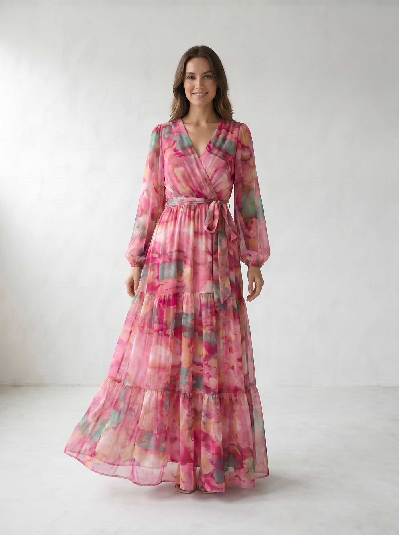 Isadora Watercolor Floral Wrap Maxi Dress - model 04_model_soft_pose_rose-red