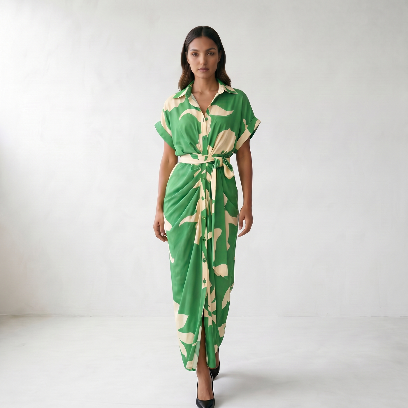 Addison Belted Abstract Maxi Shirt Dress - Green (Almost Sold Out)