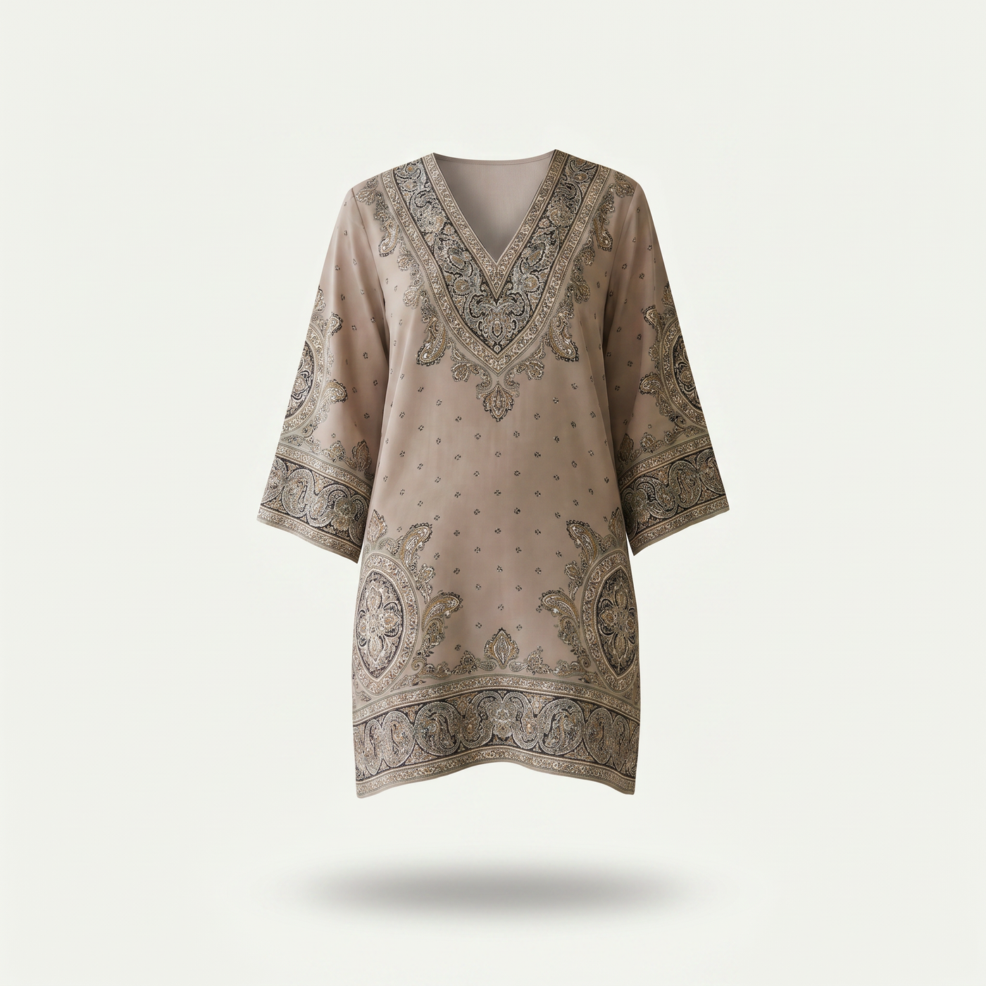 Women’s Summer Dress V-Neck Three-Quarter Sleeves - Beige