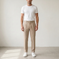 Men’s Tailored Fit Pleated Trousers - Soft pose model view - Beige