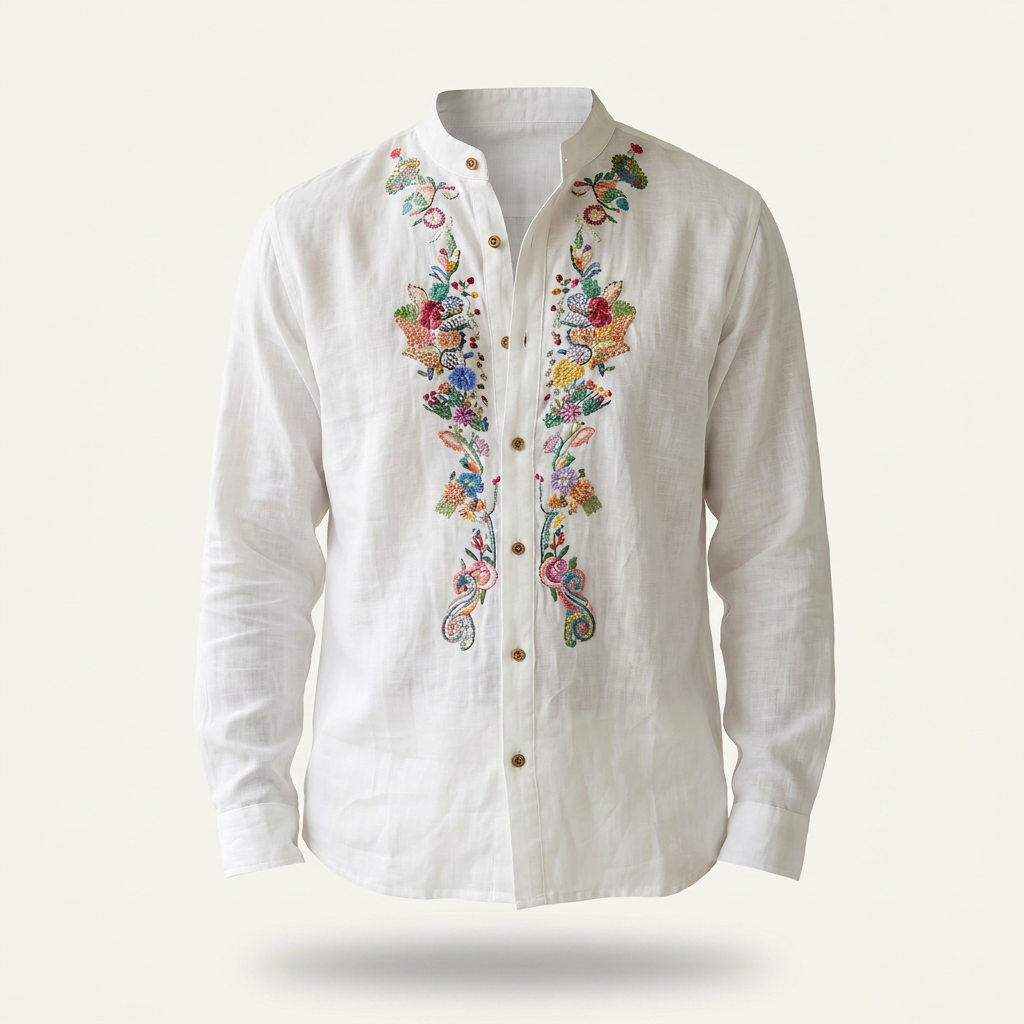 Sundrel Robert Embroidered Grandad Collar Linen Shirt - White