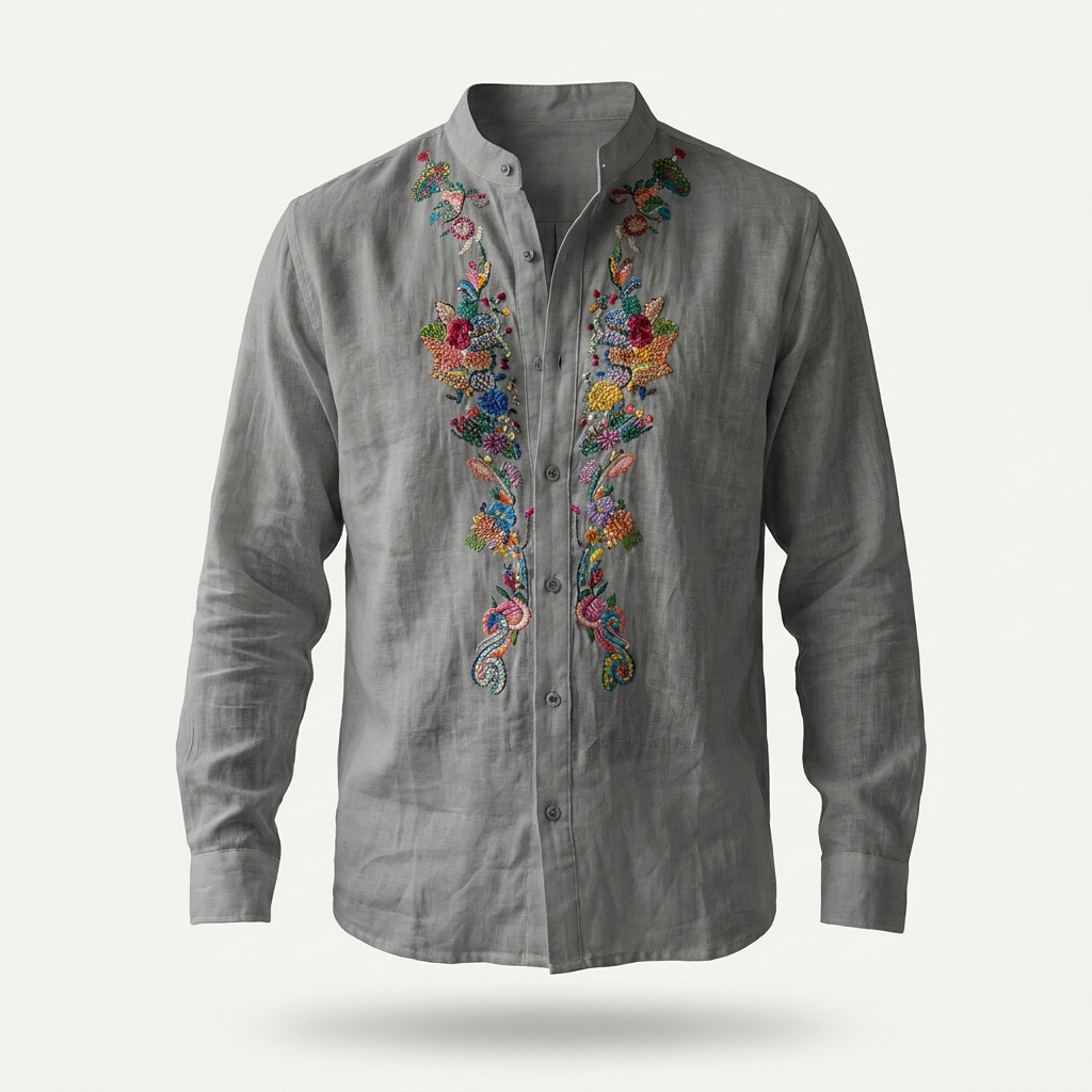 Sundrel Robert Embroidered Grandad Collar Linen Shirt - Grey