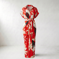 Addison Belted Abstract Maxi Shirt Dress - Red