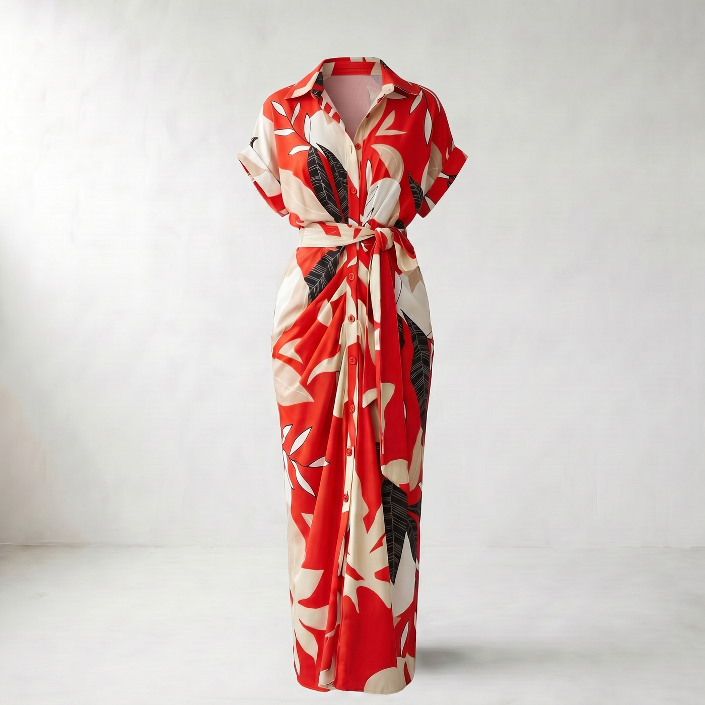 Addison Belted Abstract Maxi Shirt Dress - Red