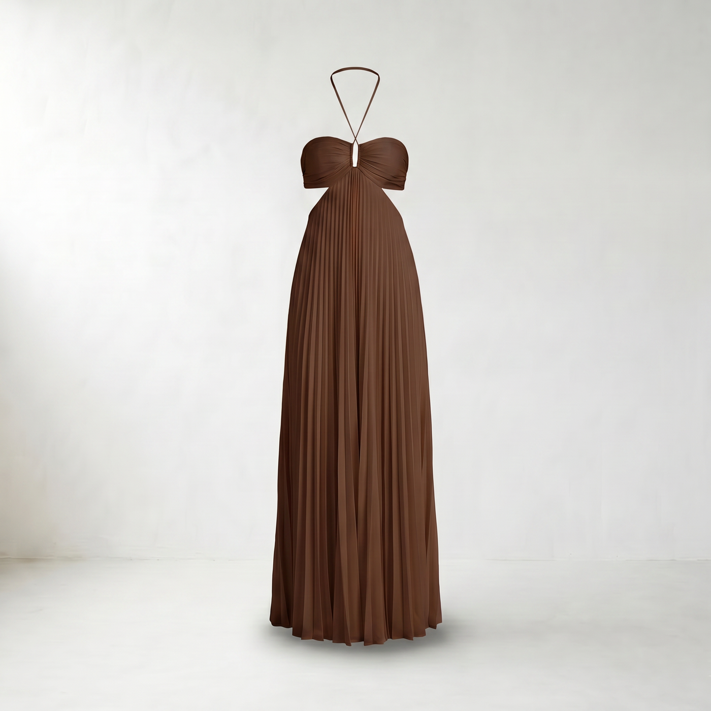 Pleated Halter Maxi Dress - Mannequin product view - Dark Brown