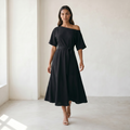 Women’s Midi Dress Off-Shoulder A-line - 12 black model extra walking 2