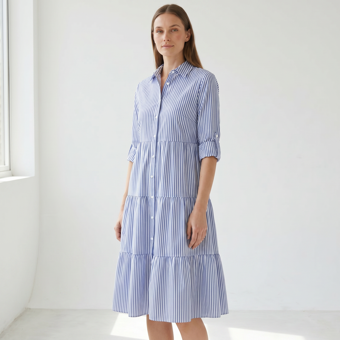 A-Line Flattering Summer Dress - model three quarter front - master front reference - Higgsfield job c8bd5681-a42a-4c3e-92fe-6ca4f65efde5