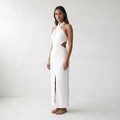 Adele Bohemian Halter Linen Dress - model three quarter front - master front reference - Higgsfield job 00143b2a-2758-4e1c-8f1b-02976edfc912