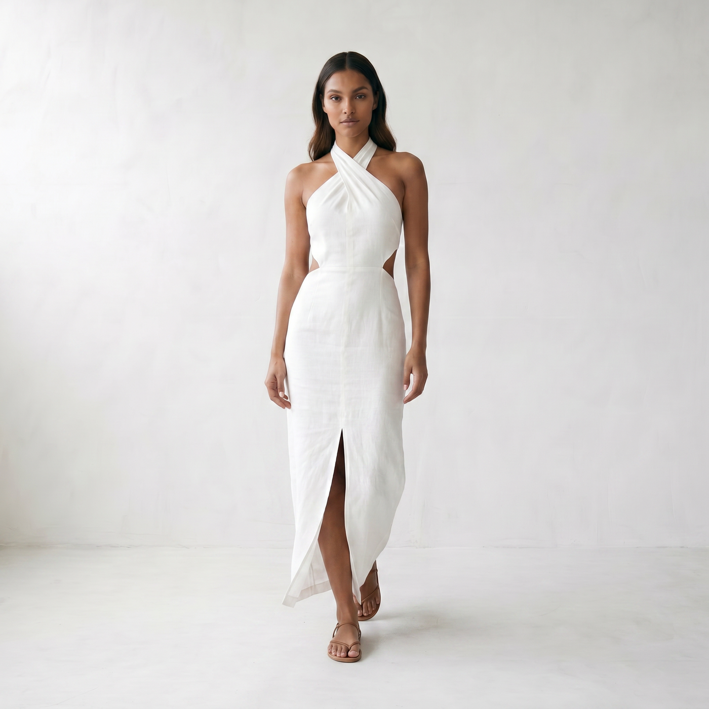 Adele Bohemian Halter Linen Dress - model walking front side - master front reference - Higgsfield job 16806034-1449-4d7d-9219-fe9c5484de8b