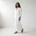 Agnes Linen Long Shirt Dress - model walking front side - master front reference - Higgsfield job 49a196f7-f2e4-4d0c-98dd-cb80df615e00